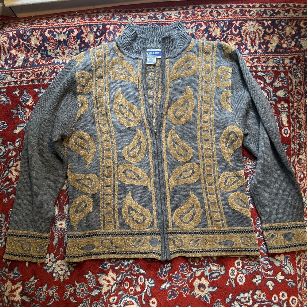 Pendleton Women's Gray Brown Full Zip Sweater Cardigan Wool Blend Long Sleeve L